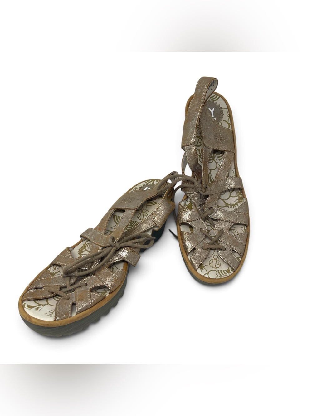 Fly London Yapi Wedge Sandals Metallic Gold Gladiator Lace Up Strappy 11 USA 43